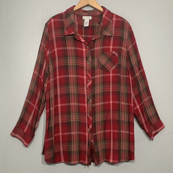 Catherines Plus Size 1X Equestrian Earthy Plaid Button Up Shirt Country Western - Picture 1 of 8
